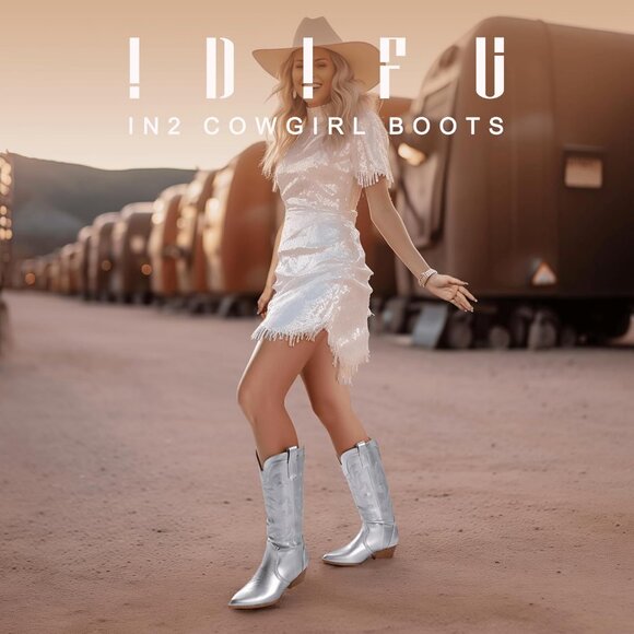 Women's Silver Cowgirl Knee High Western Boot Chunky Low Pointed Toe Booties - Picture 2 of 6